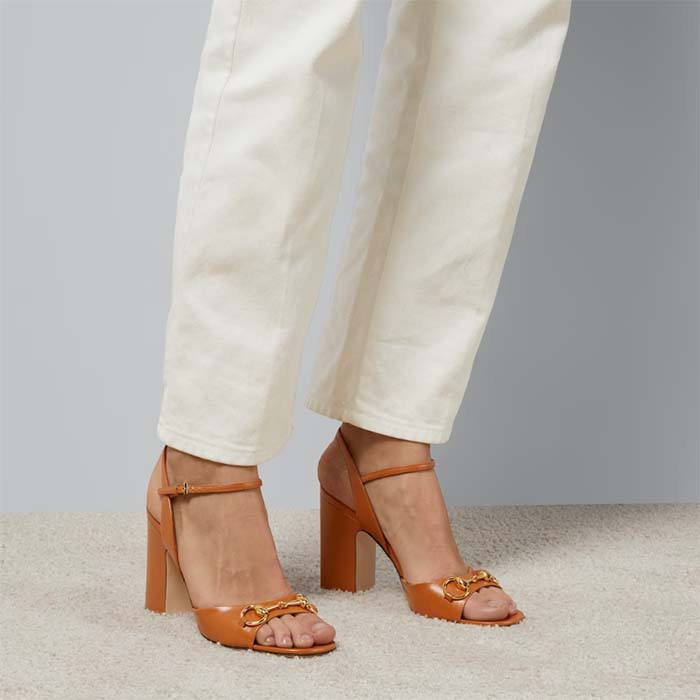 G*u*i women gg horsebit sandal brown leather high heel ankle buckle