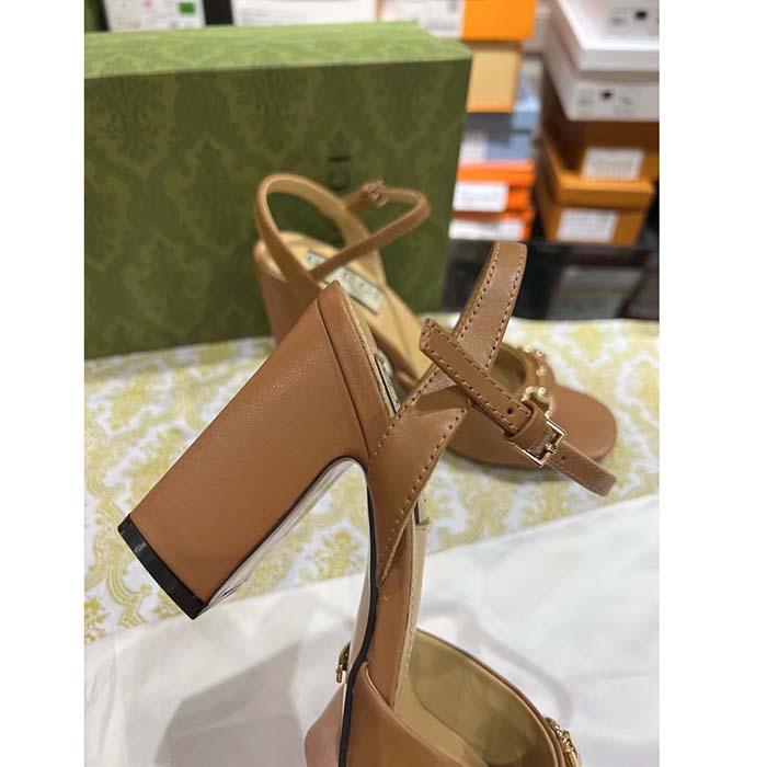 G*u*i women gg horsebit sandal brown leather high heel ankle buckle