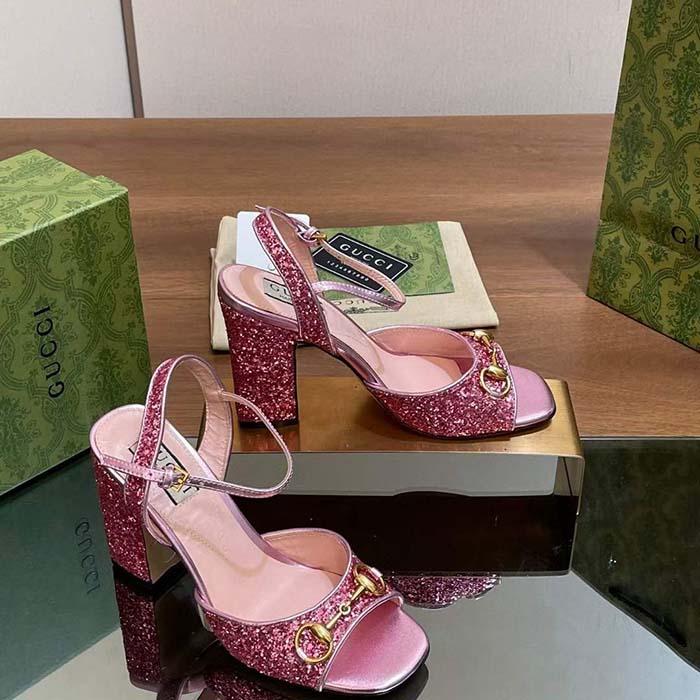 G*u*i women gg horsebit sandal metallic pink leather crystals mid-heel