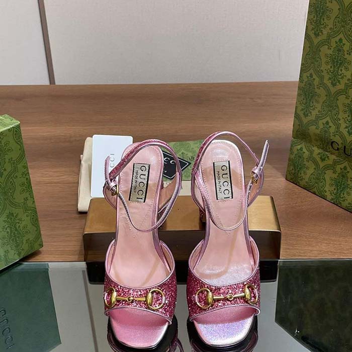 G*u*i women gg horsebit sandal metallic pink leather crystals mid-heel