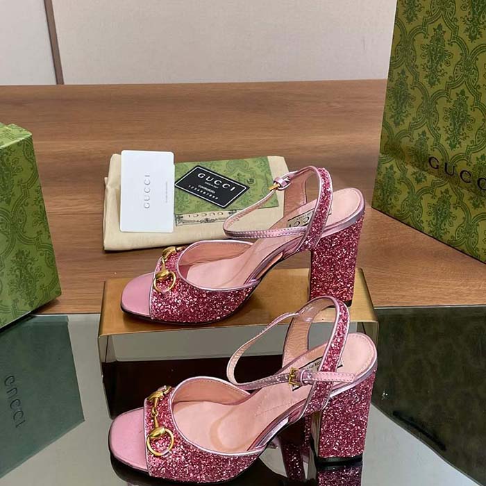 G*u*i women gg horsebit sandal metallic pink leather crystals mid-heel