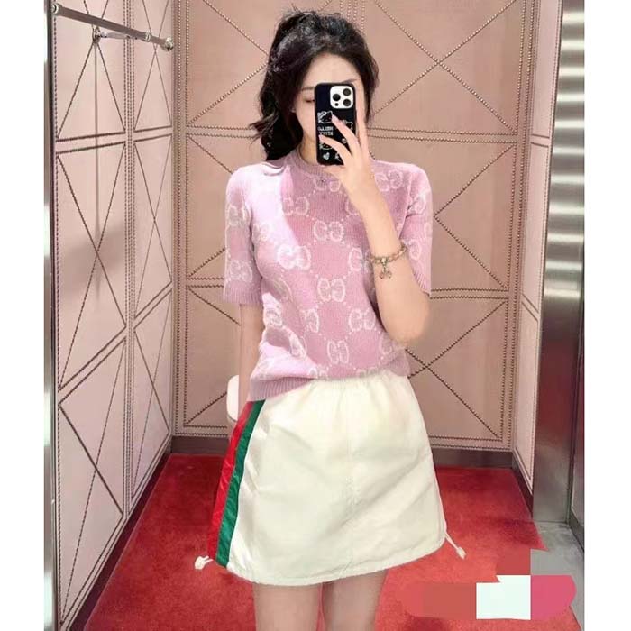 G*u*i women gg knit wool top pink crewneck short sleeves