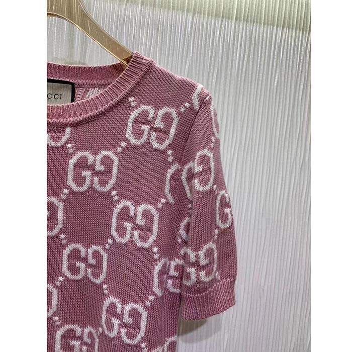 G*u*i women gg knit wool top pink crewneck short sleeves