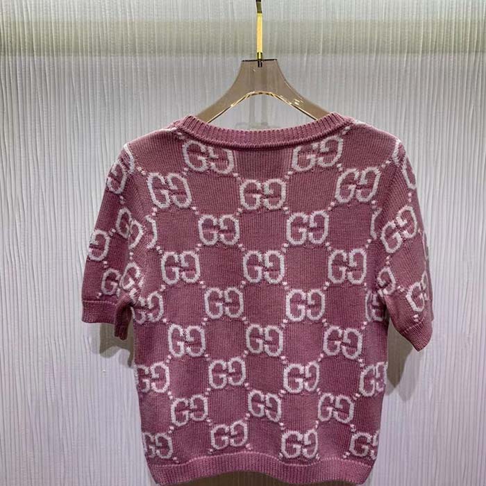 G*u*i women gg knit wool top pink crewneck short sleeves