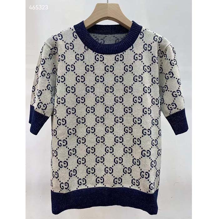 G*u*i women gg lamé jacquard top cotton navy crewneck short sleeves