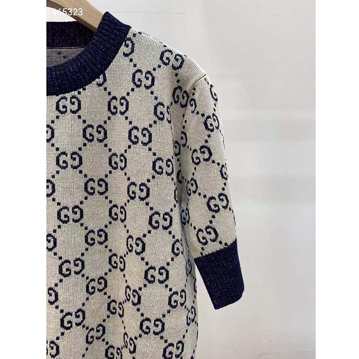 G*u*i women gg lamé jacquard top cotton navy crewneck short sleeves