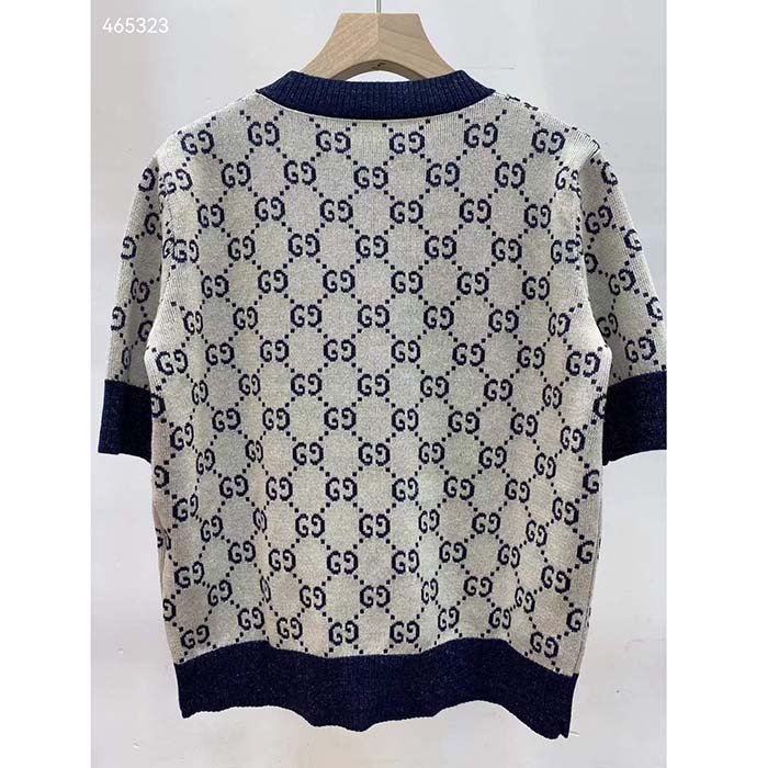 G*u*i women gg lamé jacquard top cotton navy crewneck short sleeves