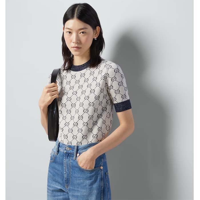 G*u*i women gg lamé jacquard top cotton navy crewneck short sleeves