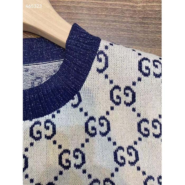 G*u*i women gg lamé jacquard top cotton navy crewneck short sleeves