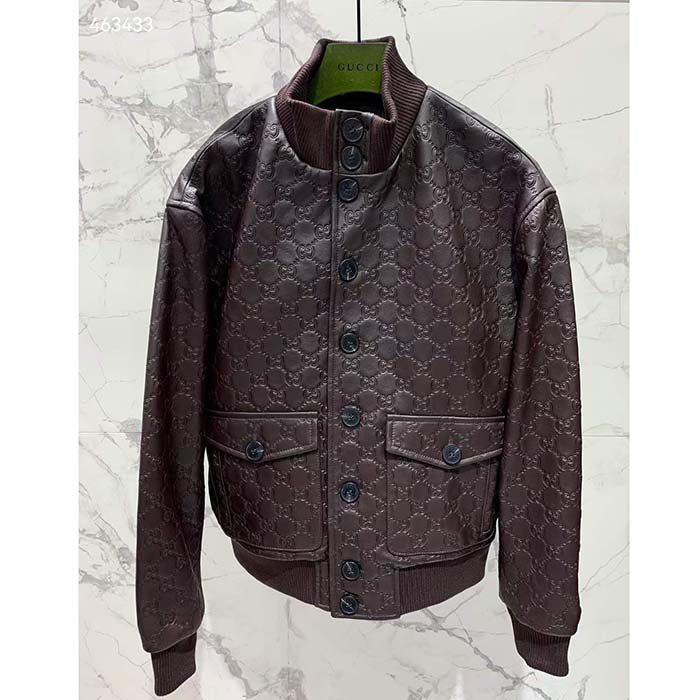 G*u*i men gg leather bomber jacket brown lambskin front patch pockets