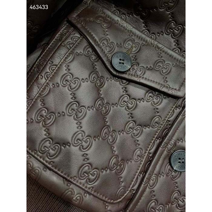 G*u*i men gg leather bomber jacket brown lambskin front patch pockets