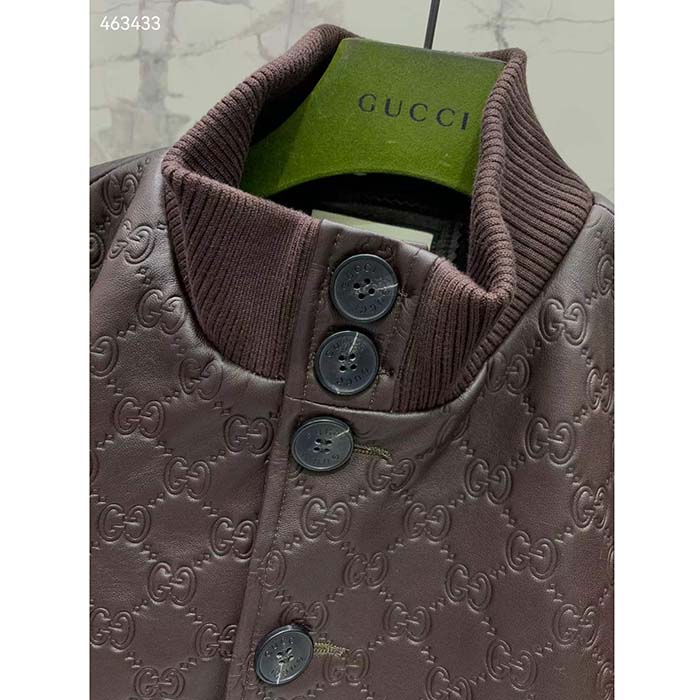 G*u*i men gg leather bomber jacket brown lambskin front patch pockets