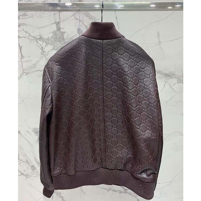 G*u*i men gg leather bomber jacket brown lambskin front patch pockets
