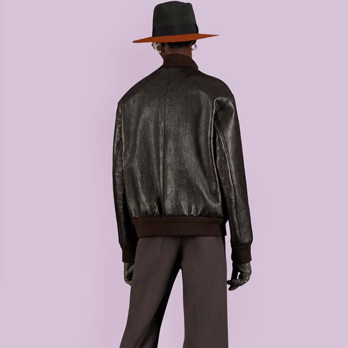 G*u*i men gg leather bomber jacket brown lambskin front patch pockets