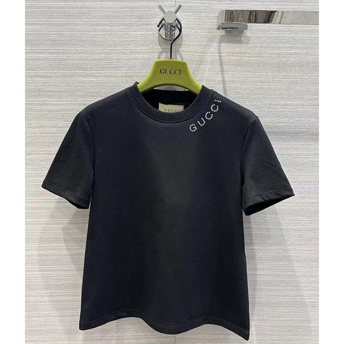 G*u*i women gg light cotton jersey shirt black crystal short sleeves