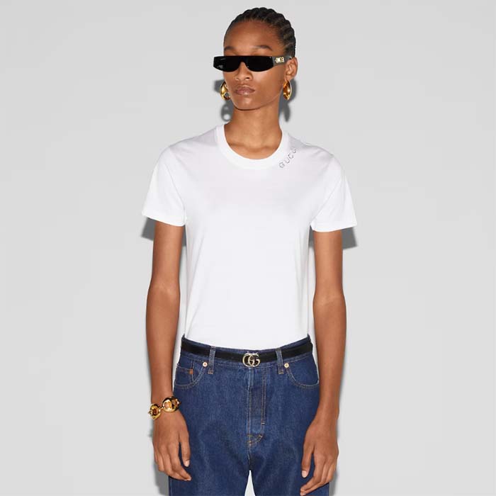 G*u*i women gg light cotton jersey shirt crystal round neck short sleeves