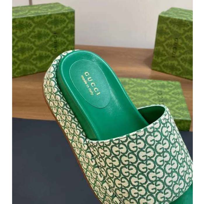 G*u*i women gg platform slide sandal ivory green canvas jacquard