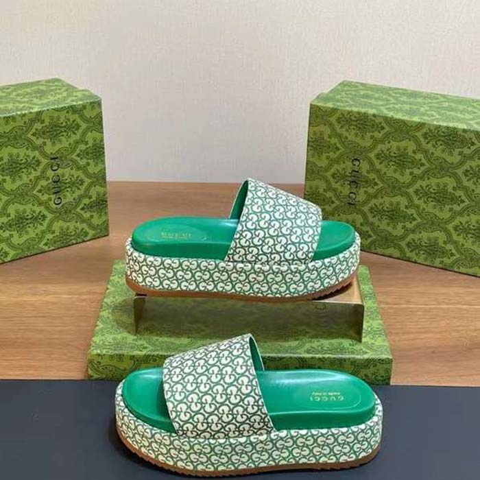 G*u*i women gg platform slide sandal ivory green canvas jacquard