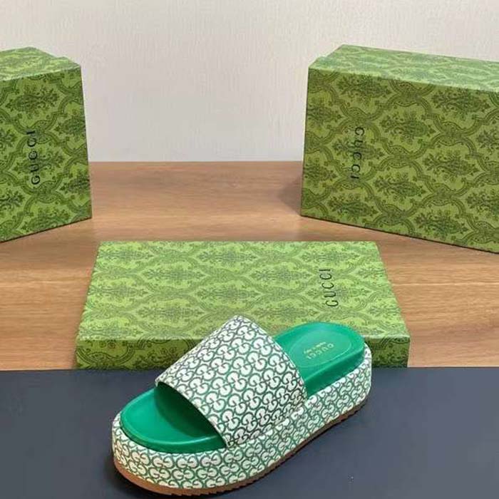 G*u*i women gg platform slide sandal ivory green canvas jacquard
