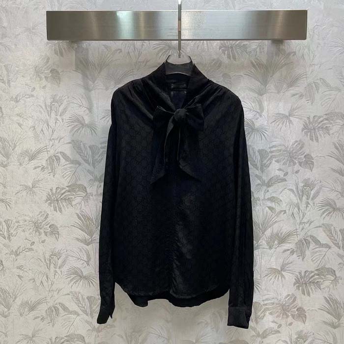 G*u*i women gg silk crêpe shirt neck bow v neck gathered yoke