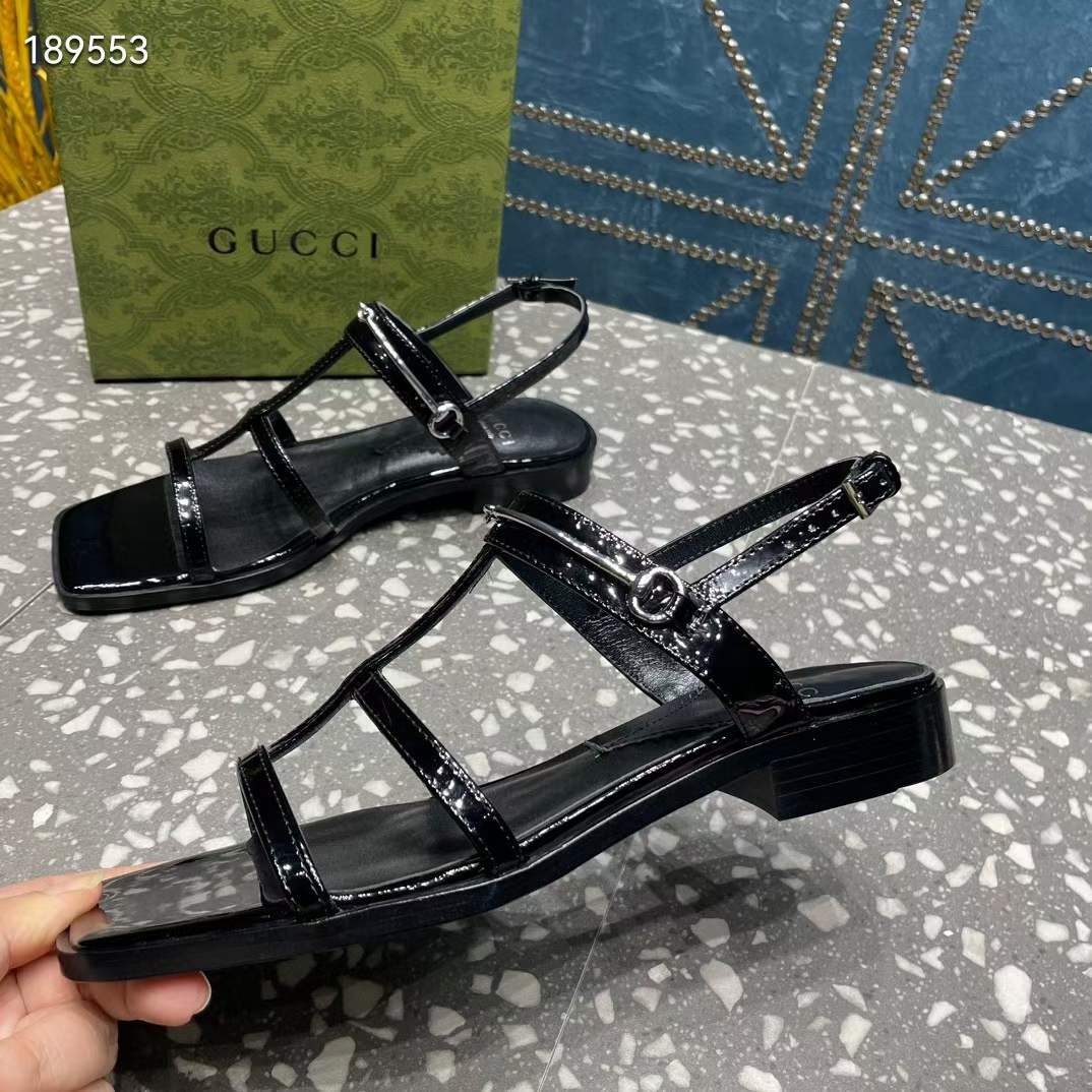 G*u*i women gg slim horsebit flat sandal black leather ankle buckle