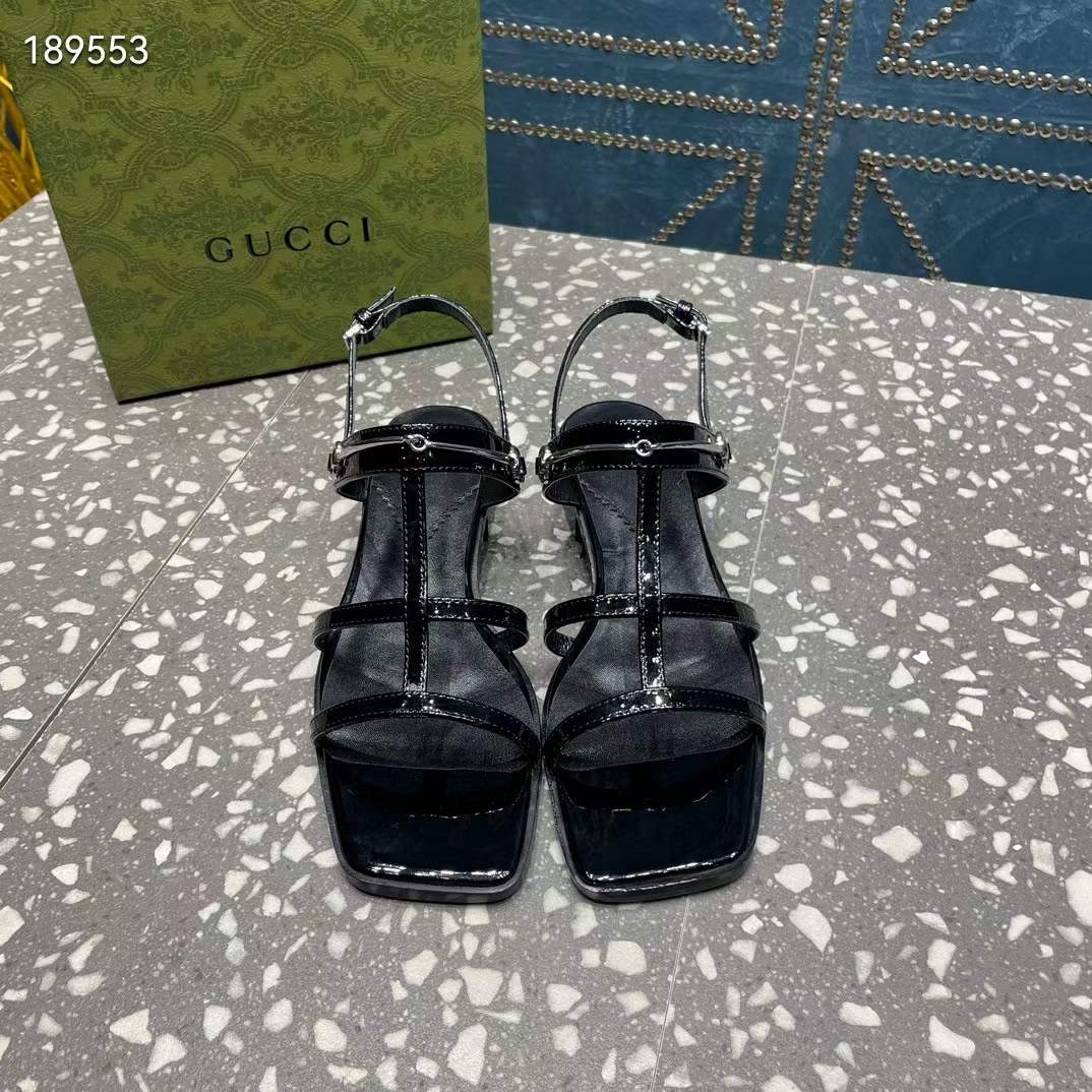 G*u*i women gg slim horsebit flat sandal black leather ankle buckle