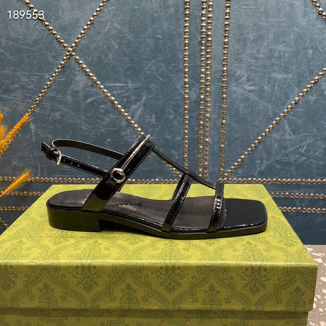 G*u*i women gg slim horsebit flat sandal black leather ankle buckle