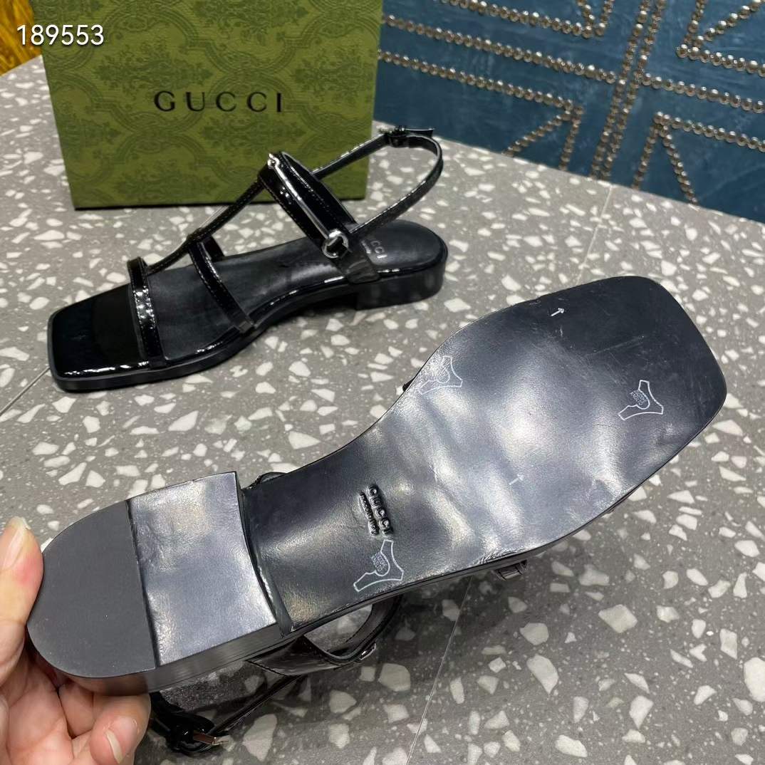 G*u*i women gg slim horsebit flat sandal black leather ankle buckle