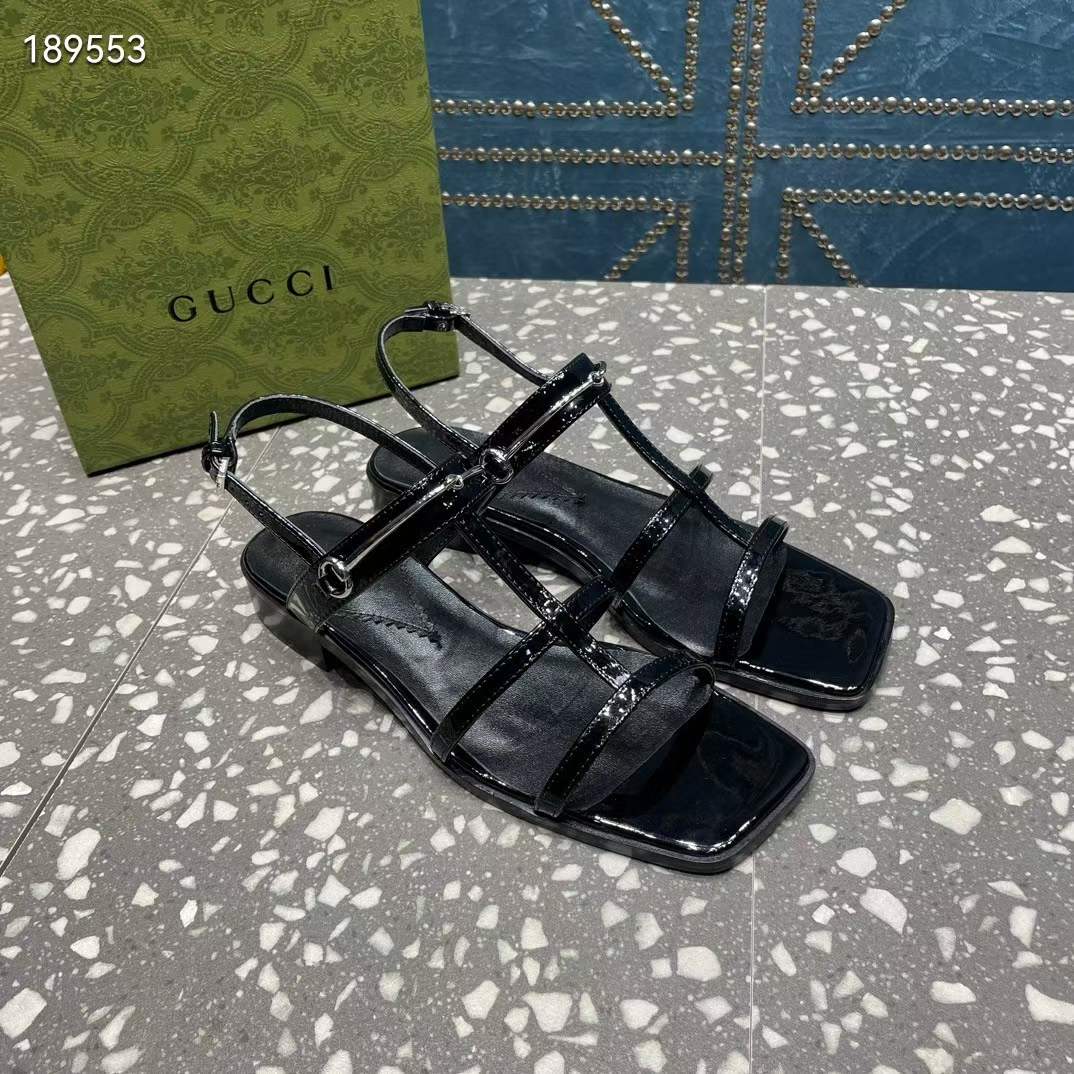 G*u*i women gg slim horsebit flat sandal black leather ankle buckle
