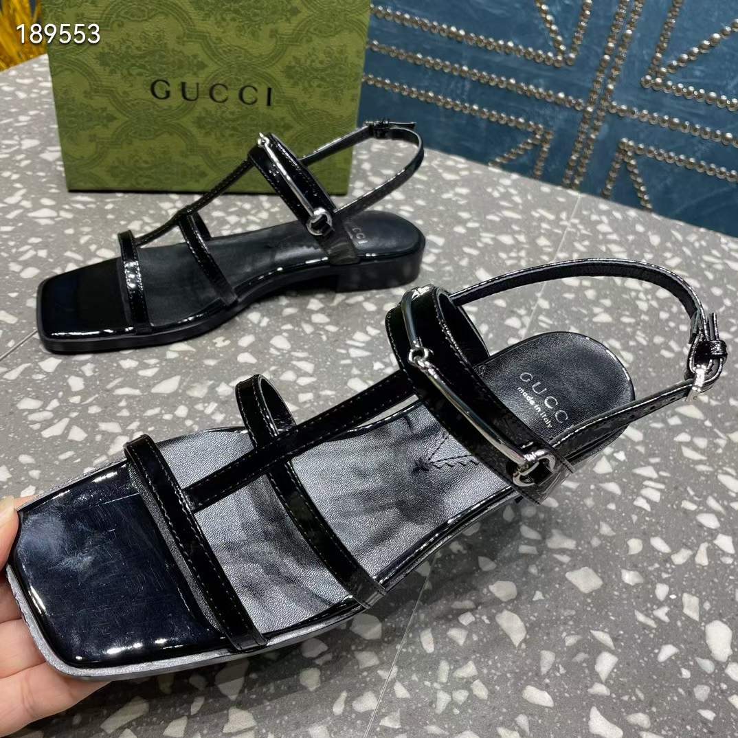 G*u*i women gg slim horsebit flat sandal black leather ankle buckle