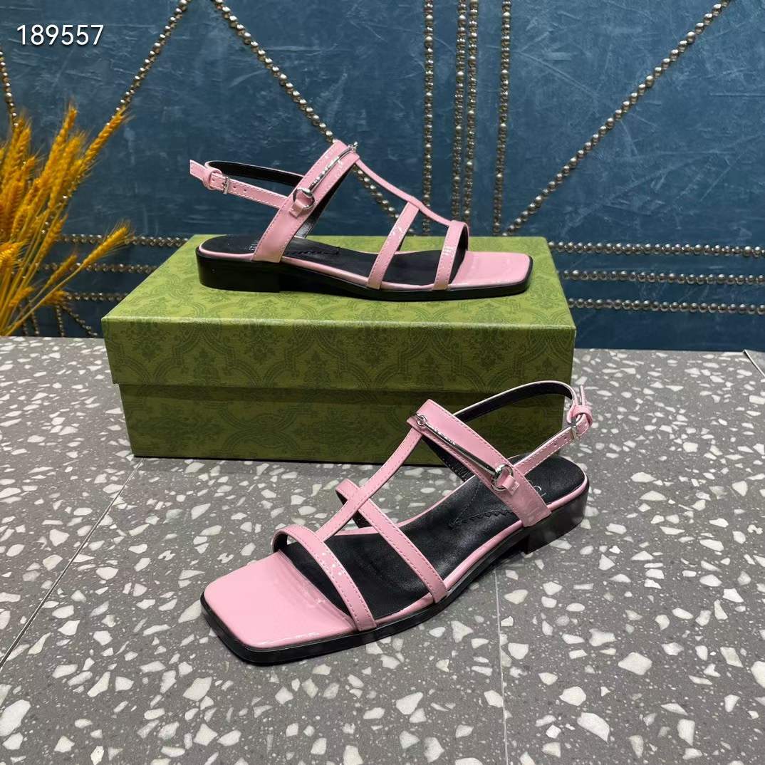 G*u*i women gg slim horsebit flat sandal pink leather ankle buckle