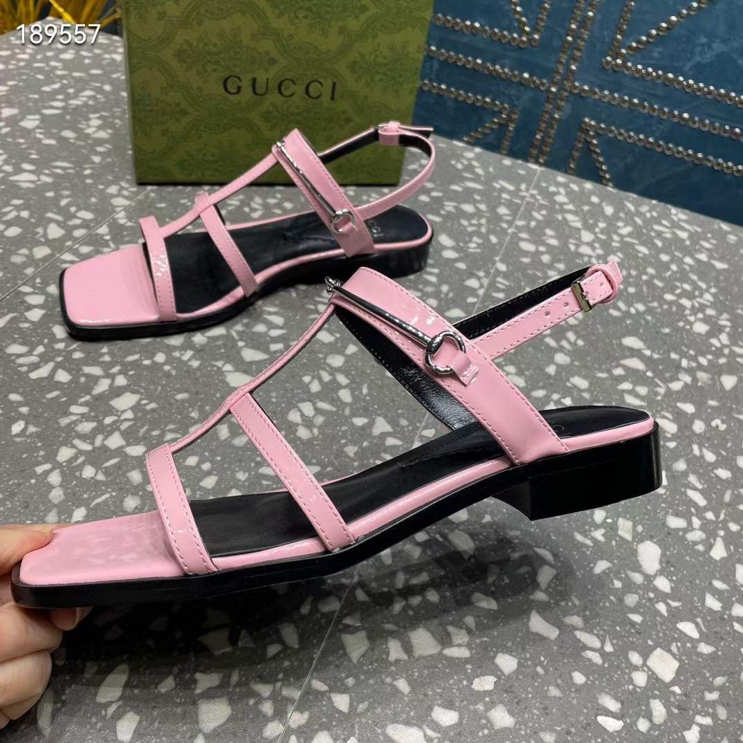 G*u*i women gg slim horsebit flat sandal pink leather ankle buckle