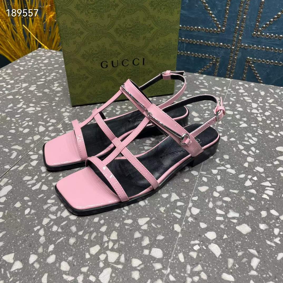 G*u*i women gg slim horsebit flat sandal pink leather ankle buckle