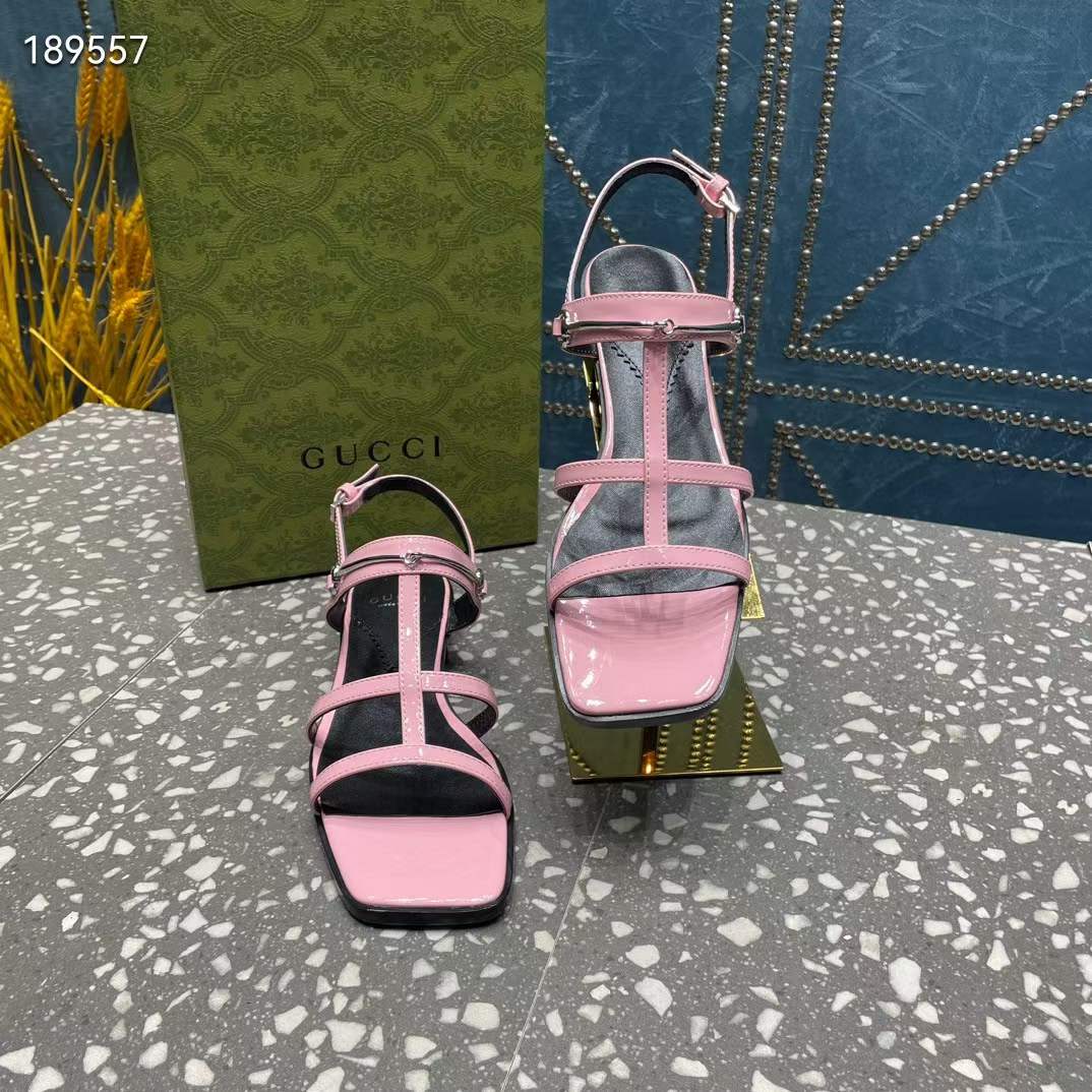 G*u*i women gg slim horsebit flat sandal pink leather ankle buckle