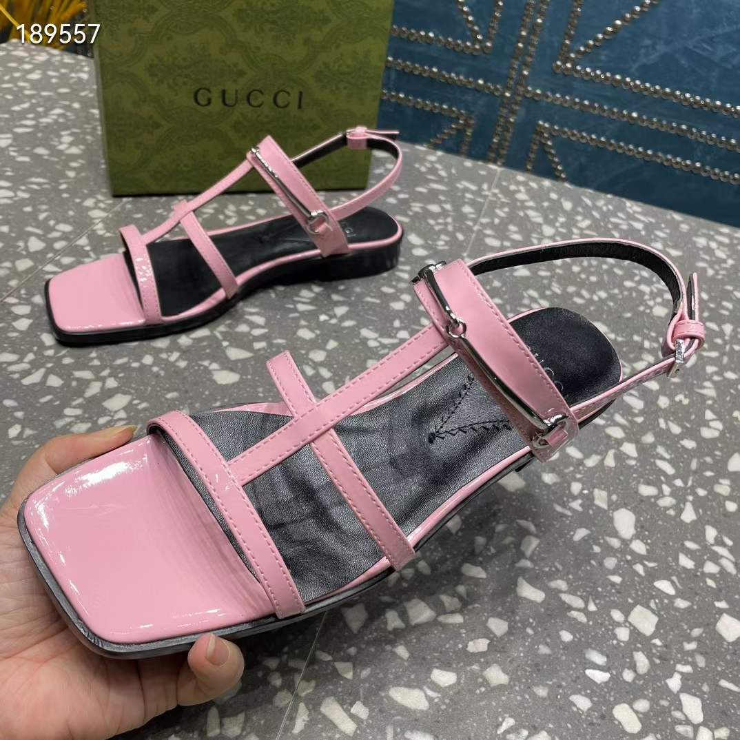 G*u*i women gg slim horsebit flat sandal pink leather ankle buckle
