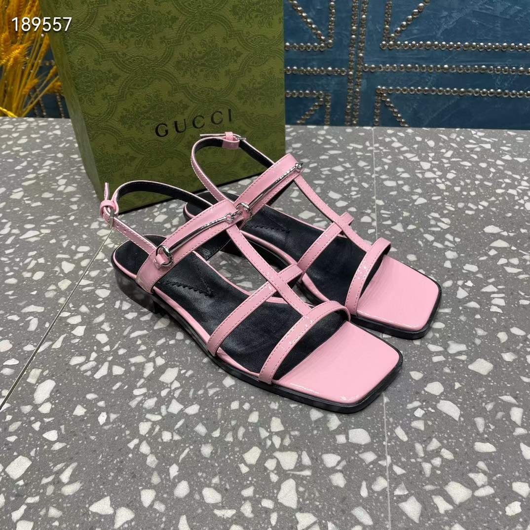 G*u*i women gg slim horsebit flat sandal pink leather ankle buckle