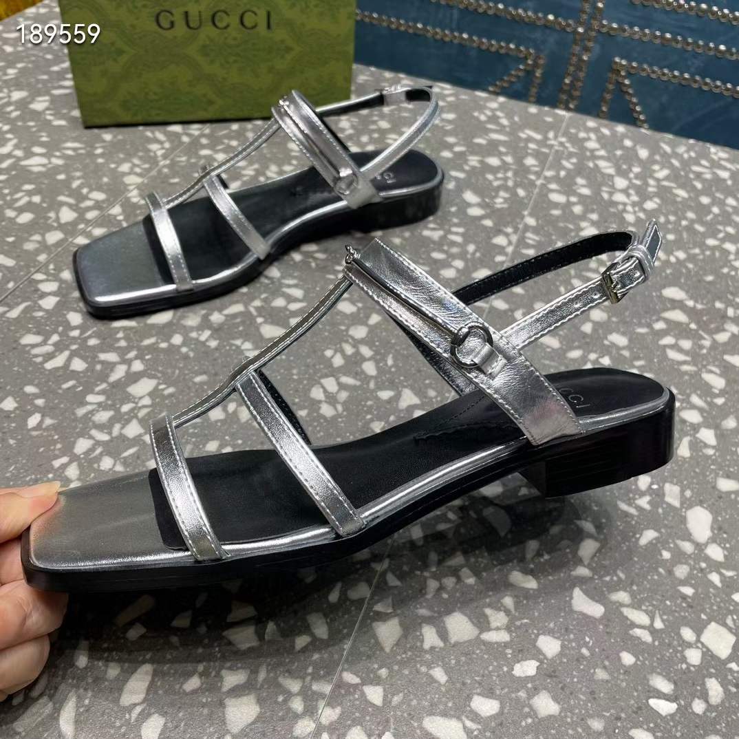 G*u*i women gg slim horsebit flat sandal silver leather ankle buckle