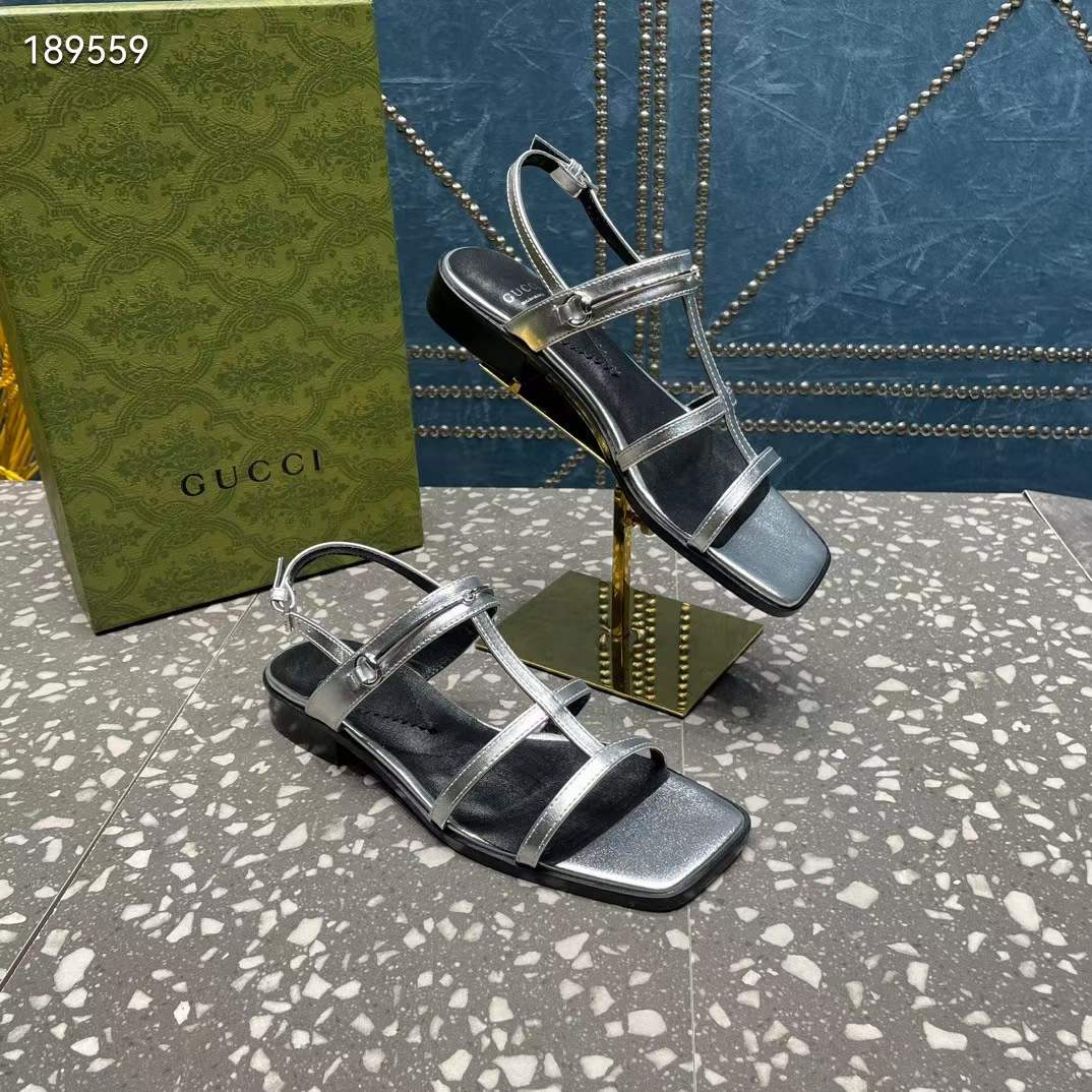 G*u*i women gg slim horsebit flat sandal silver leather ankle buckle