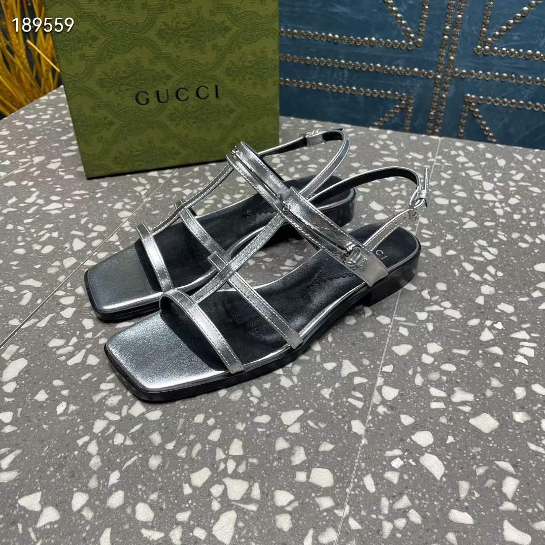 G*u*i women gg slim horsebit flat sandal silver leather ankle buckle