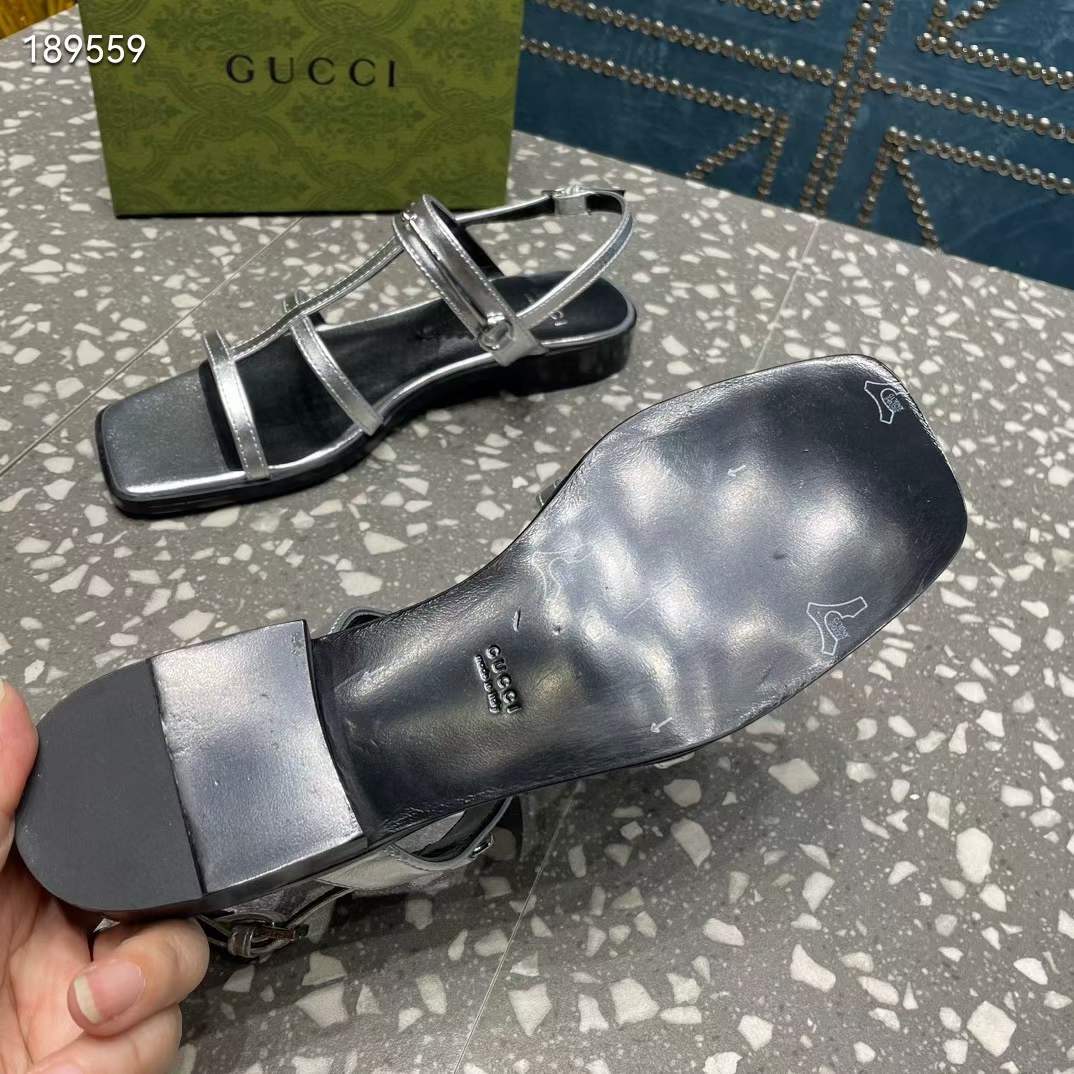 G*u*i women gg slim horsebit flat sandal silver leather ankle buckle