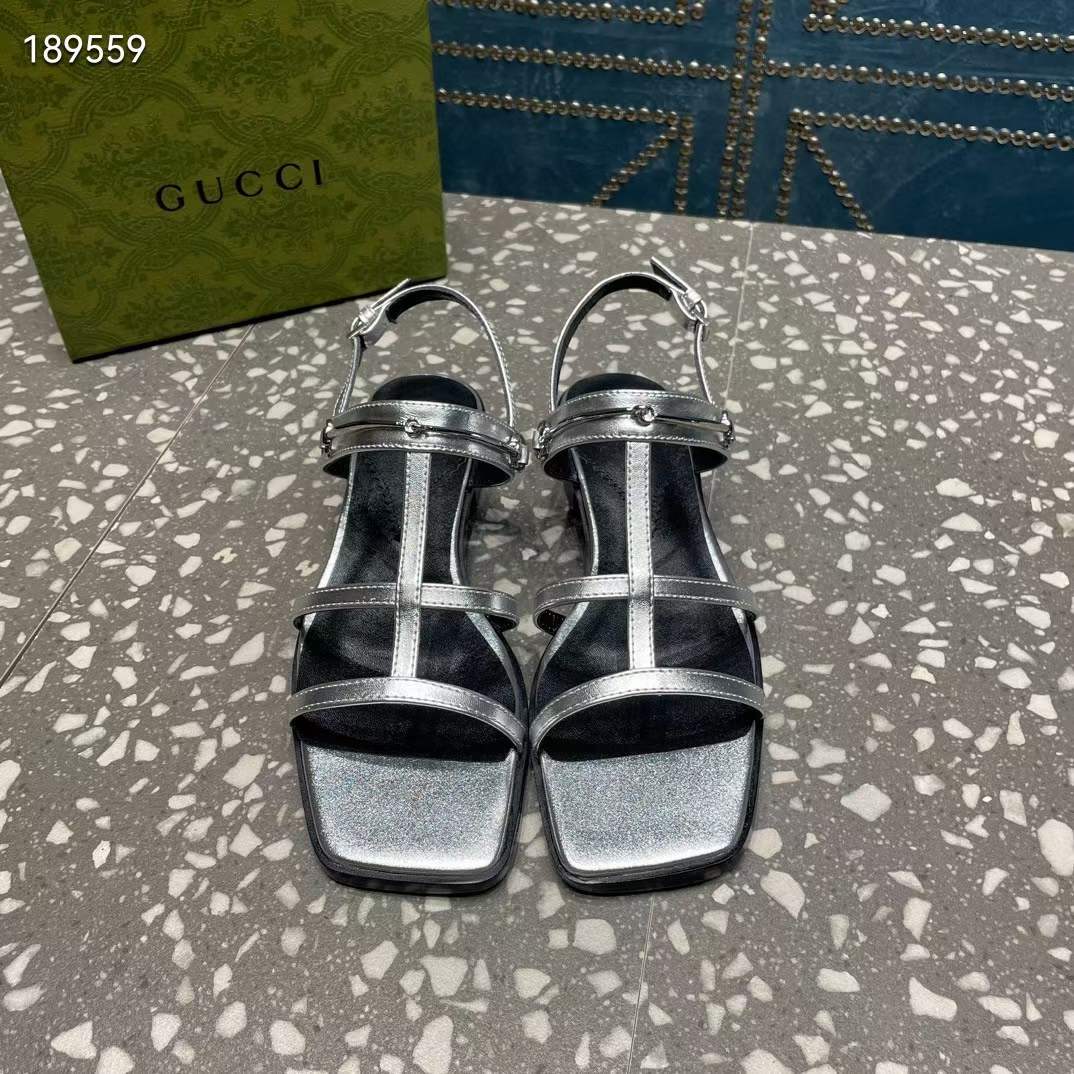 G*u*i women gg slim horsebit flat sandal silver leather ankle buckle