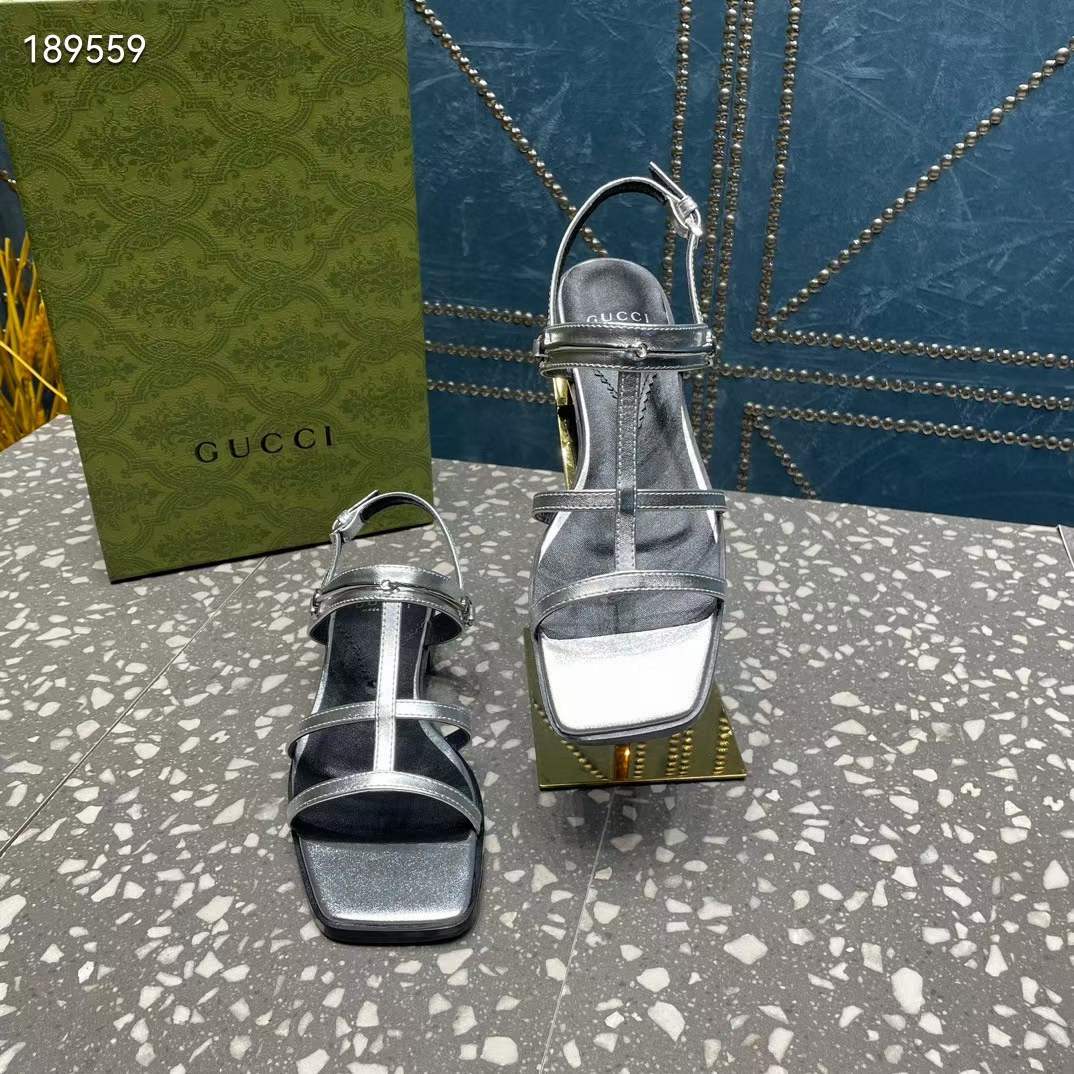 G*u*i women gg slim horsebit flat sandal silver leather ankle buckle