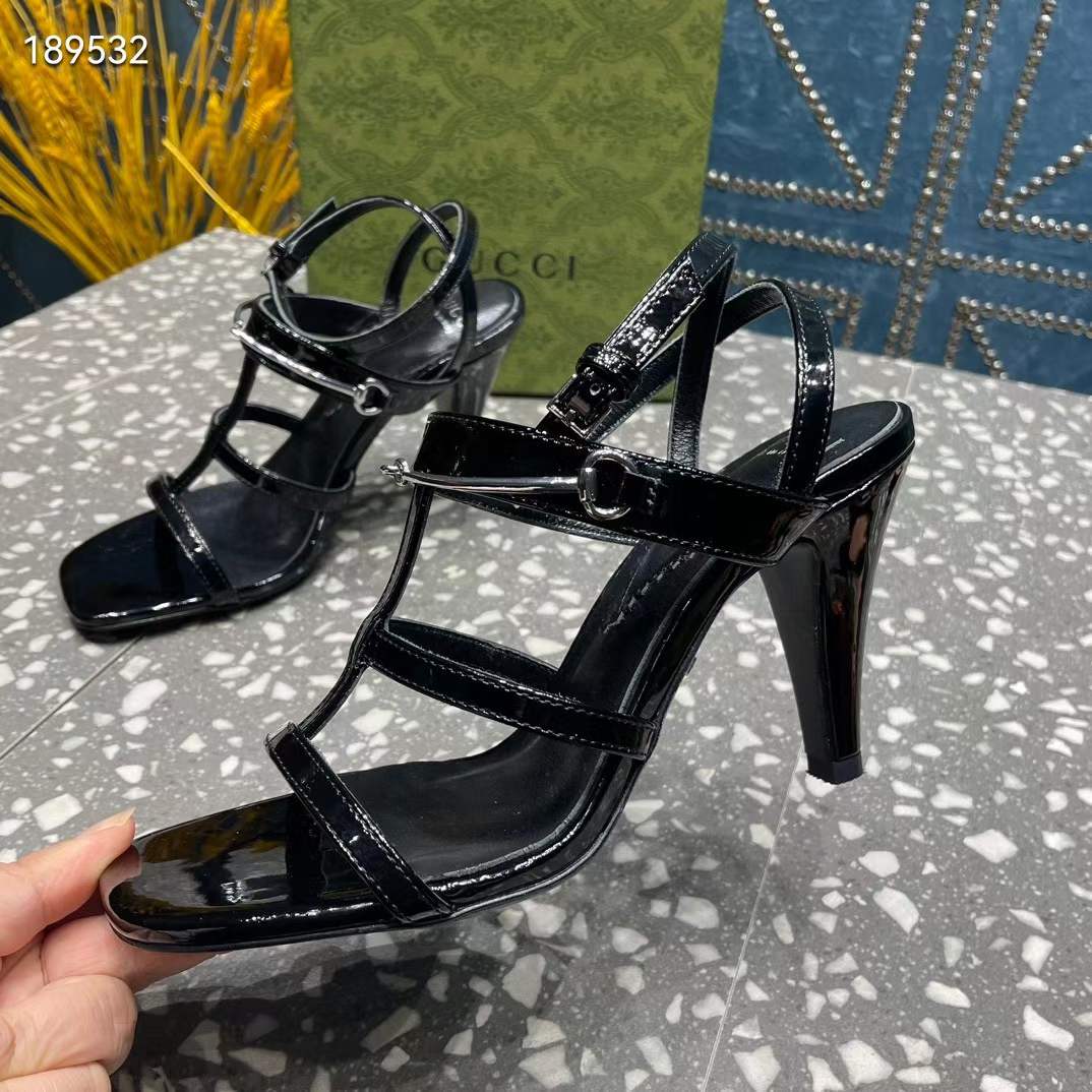 G*u*i women gg slim horsebit sandal black leather high heel