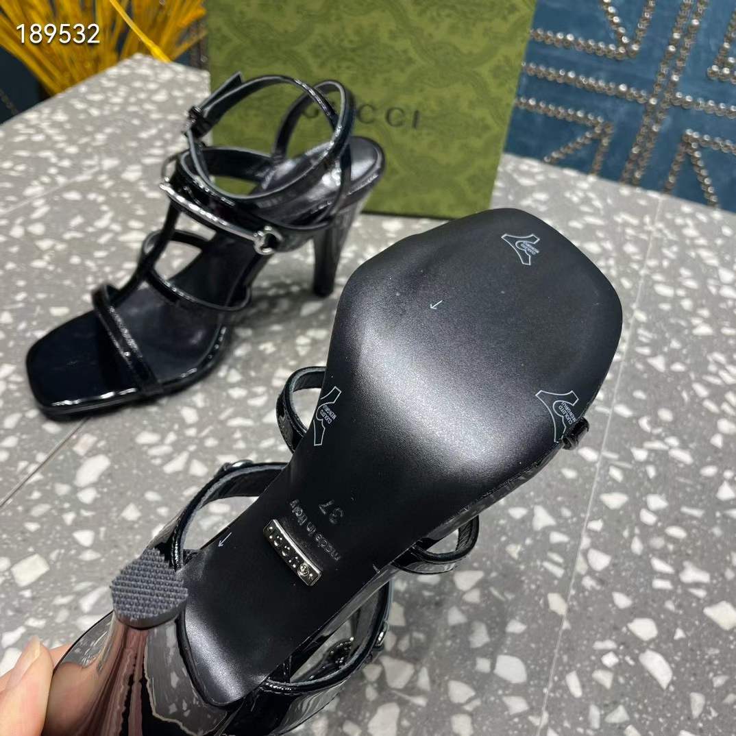 G*u*i women gg slim horsebit sandal black leather high heel