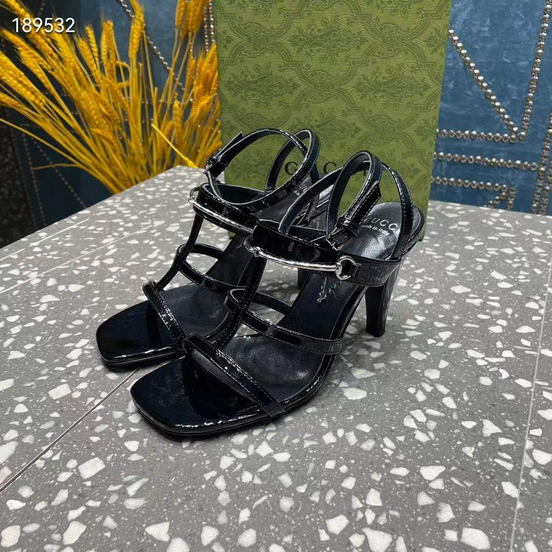 G*u*i women gg slim horsebit sandal black leather high heel