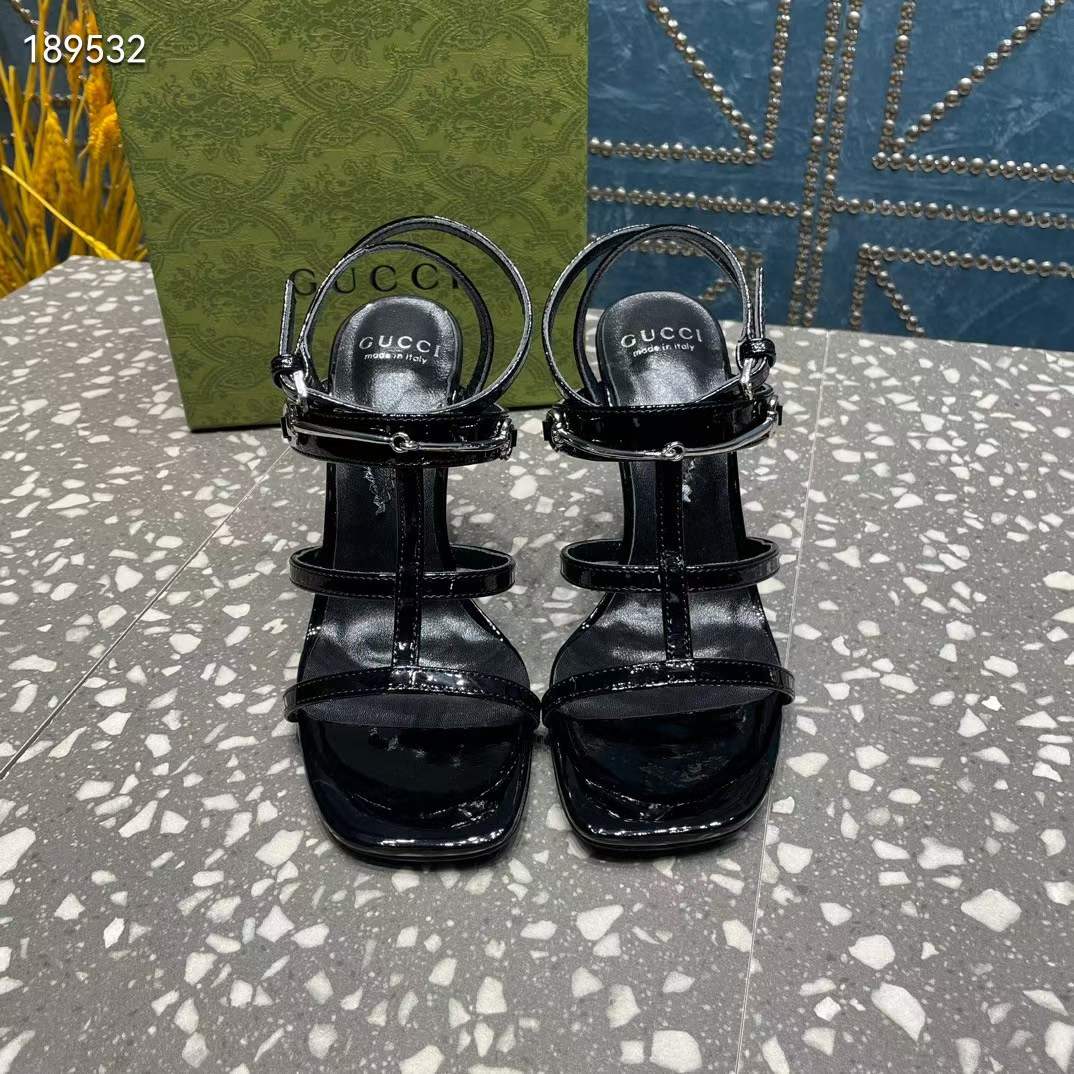 G*u*i women gg slim horsebit sandal black leather high heel