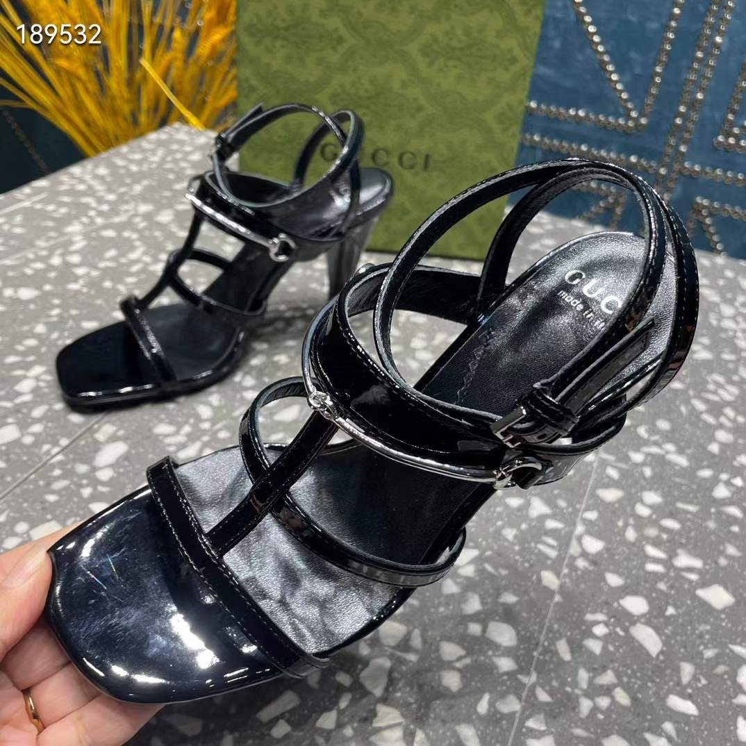 G*u*i women gg slim horsebit sandal black leather high heel