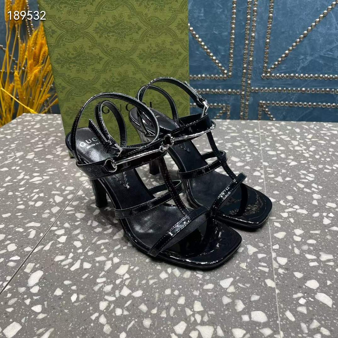 G*u*i women gg slim horsebit sandal black leather high heel