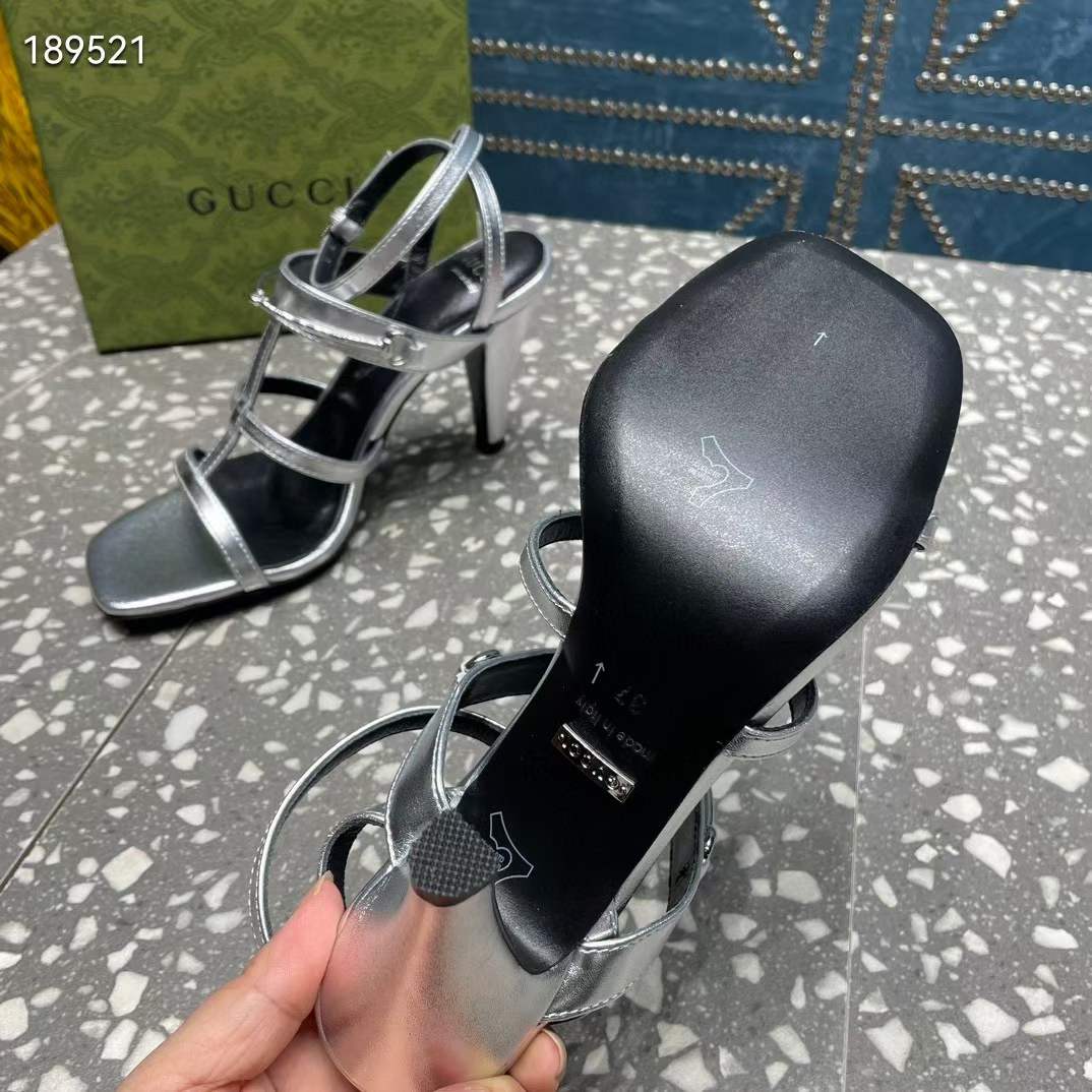 G*u*i women gg slim horsebit sandal silver leather high heel