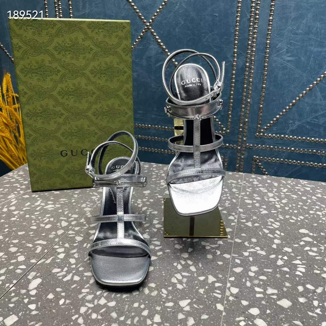 G*u*i women gg slim horsebit sandal silver leather high heel